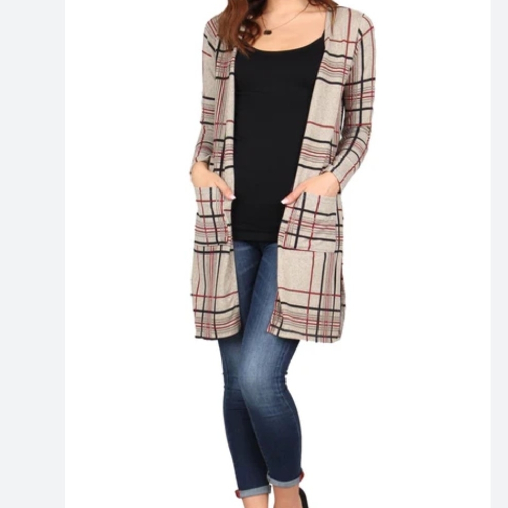 Chic Beige Plaid Open Cardigan